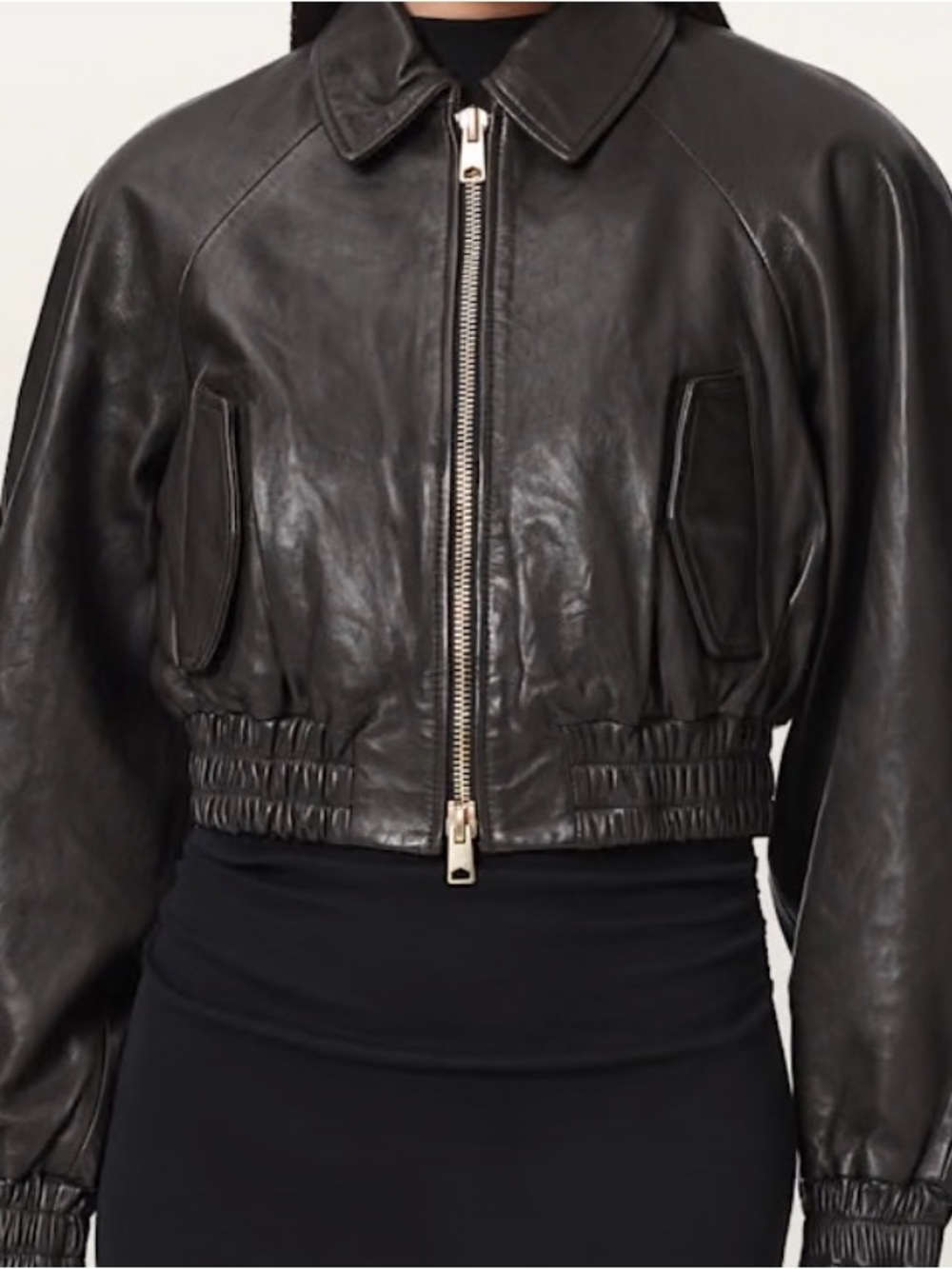 ALLSAINTS Anouk Leather Crop Bomber Jacket Bitter Brown Size M - Picture 6 of 12